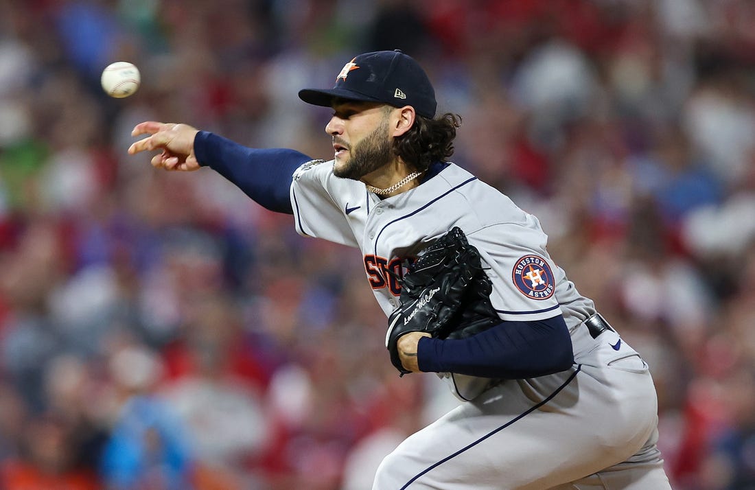 Nov 1, 2022; Philadelphia, PA, USA; Houston Astros starting pitcher Lance McCullers Jr. (43) pitches against the Philadelphia Phillies during the first inning in game three of the 2022 World Series at Citizens Bank Park. Mandatory Credit: Bill Streicher-USA TODAY Sports