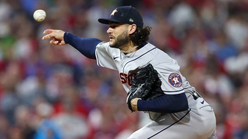 Nov 1, 2022; Philadelphia, PA, USA; Houston Astros starting pitcher Lance McCullers Jr. (43) pitches against the Philadelphia Phillies during the first inning in game three of the 2022 World Series at Citizens Bank Park. Mandatory Credit: Bill Streicher-USA TODAY Sports