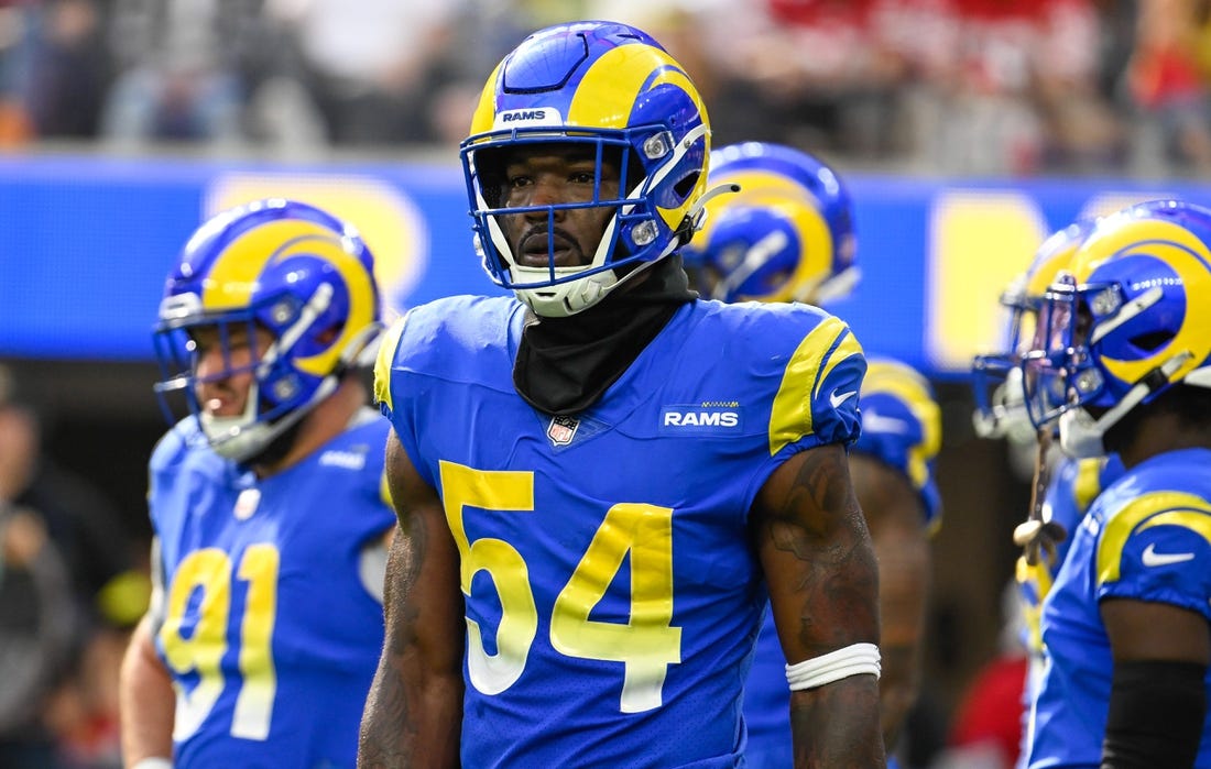 Oct 30, 2022; Inglewood, California, USA; Los Angeles Rams linebacker Leonard Floyd (54) during the second half of an NFL game against the San Francisco 49ers at SoFi Stadium. Mandatory Credit: Robert Hanashiro-USA TODAY Sports