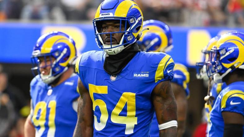 Oct 30, 2022; Inglewood, California, USA; Los Angeles Rams linebacker Leonard Floyd (54) during the second half of an NFL game against the San Francisco 49ers at SoFi Stadium. Mandatory Credit: Robert Hanashiro-USA TODAY Sports