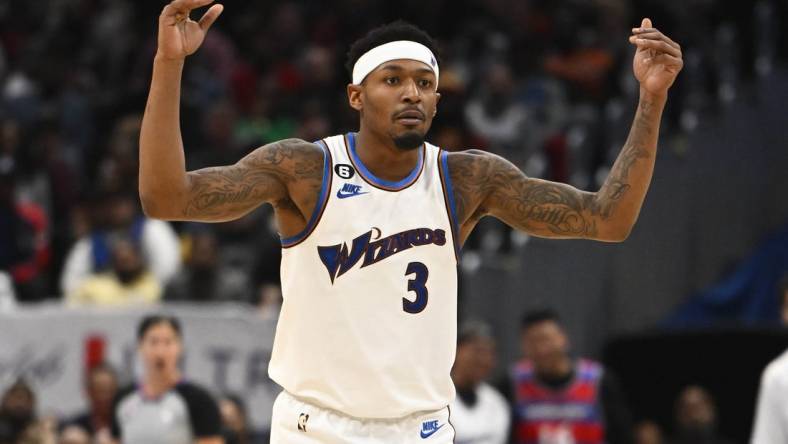 Nov 18, 2022; Washington, District of Columbia, USA; Washington Wizards guard Bradley Beal (3) reacts against the Miami Heat during the second half at Capital One Arena. Mandatory Credit: Brad Mills-USA TODAY Sports