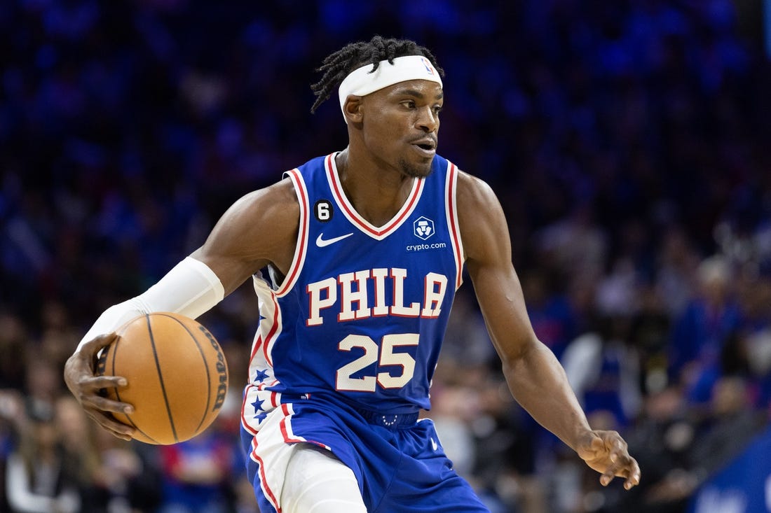 Nov 28, 2022; Philadelphia, Pennsylvania, USA; Philadelphia 76ers forward Danuel House Jr. (25) dribbles the ball against the Atlanta Hawks during the third quarter at Wells Fargo Center. Mandatory Credit: Bill Streicher-USA TODAY Sports