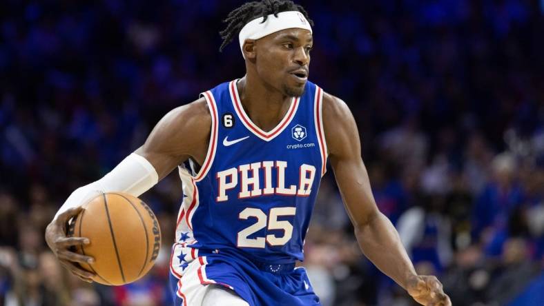 Nov 28, 2022; Philadelphia, Pennsylvania, USA; Philadelphia 76ers forward Danuel House Jr. (25) dribbles the ball against the Atlanta Hawks during the third quarter at Wells Fargo Center. Mandatory Credit: Bill Streicher-USA TODAY Sports