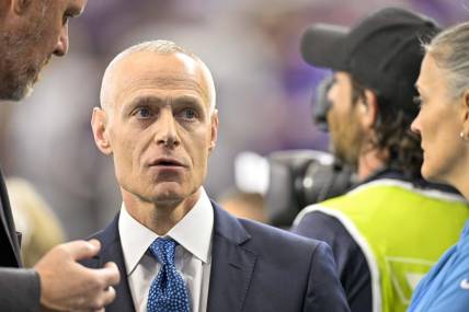 Dec 3, 2022; Arlington, TX, USA; Big 12 commissioner Brett Yormark watches the game between the TCU Horned Frogs and the Kansas State Wildcats at AT&T Stadium. Mandatory Credit: Jerome Miron-USA TODAY Sports