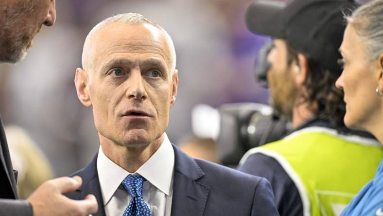 Dec 3, 2022; Arlington, TX, USA; Big 12 commissioner Brett Yormark watches the game between the TCU Horned Frogs and the Kansas State Wildcats at AT&T Stadium. Mandatory Credit: Jerome Miron-USA TODAY Sports