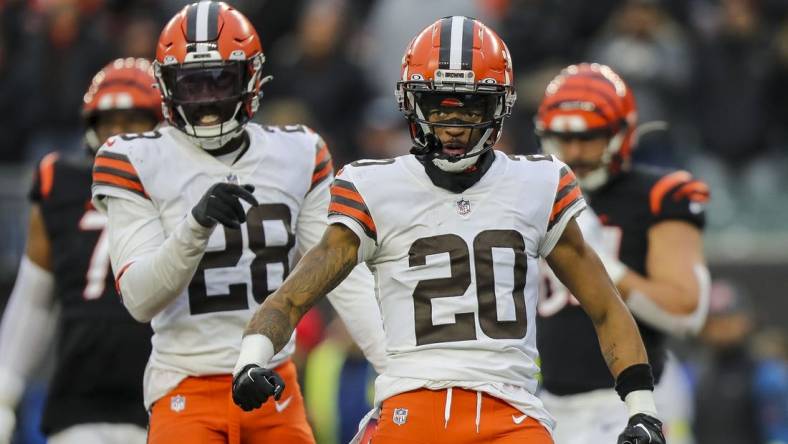 Dec 11, 2022; Cincinnati, Ohio, USA; Cleveland Browns cornerback Greg Newsome II (20) reacts after stopping a play by the Cincinnati Bengals in the second half at Paycor Stadium. Mandatory Credit: Katie Stratman-USA TODAY Sports