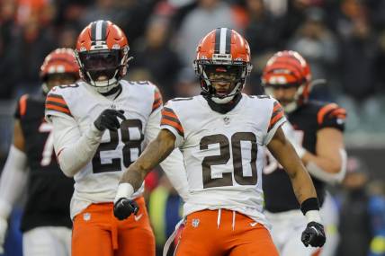 Dec 11, 2022; Cincinnati, Ohio, USA; Cleveland Browns cornerback Greg Newsome II (20) reacts after stopping a play by the Cincinnati Bengals in the second half at Paycor Stadium. Mandatory Credit: Katie Stratman-USA TODAY Sports
