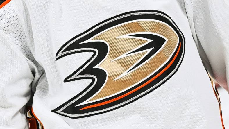 Dec 15, 2022; Montreal, Quebec, CAN; View of an Anaheim Ducks logo on a jersey worn by a member of the team during the second period at Bell Centre. Mandatory Credit: David Kirouac-USA TODAY Sports