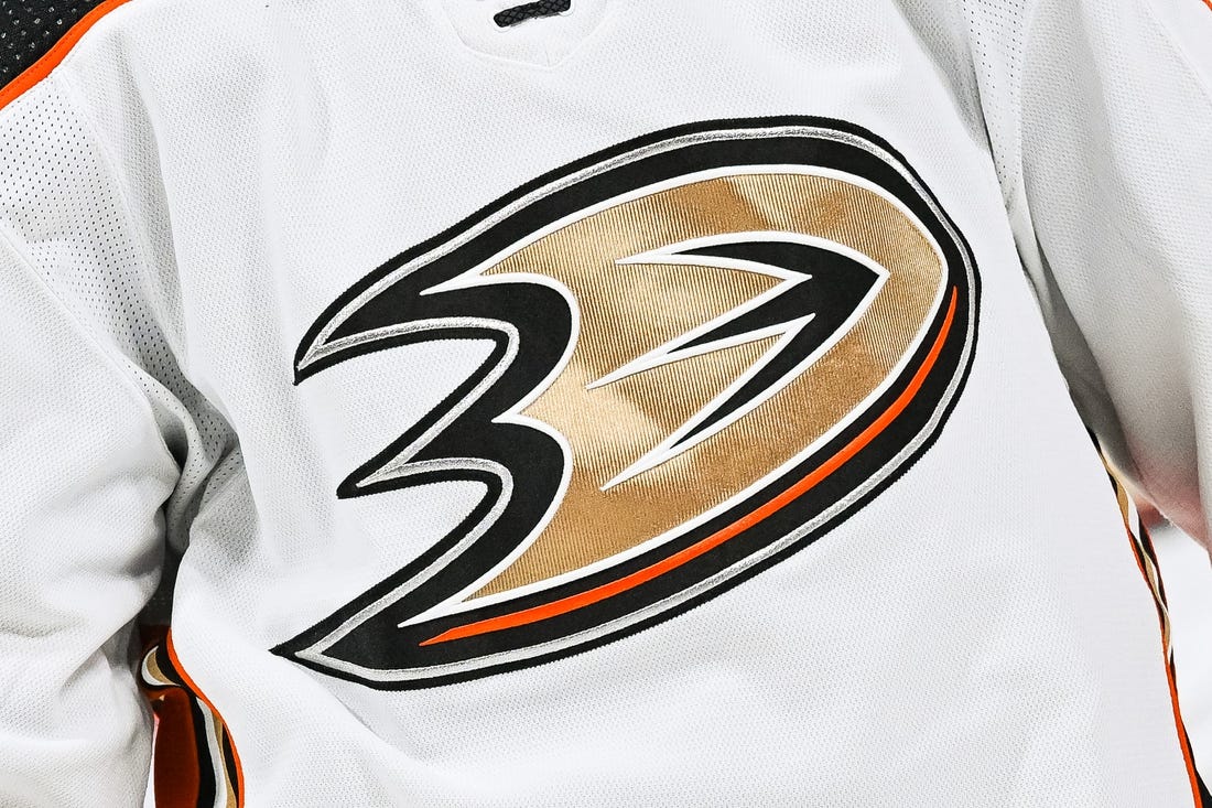 Dec 15, 2022; Montreal, Quebec, CAN; View of an Anaheim Ducks logo on a jersey worn by a member of the team during the second period at Bell Centre. Mandatory Credit: David Kirouac-USA TODAY Sports