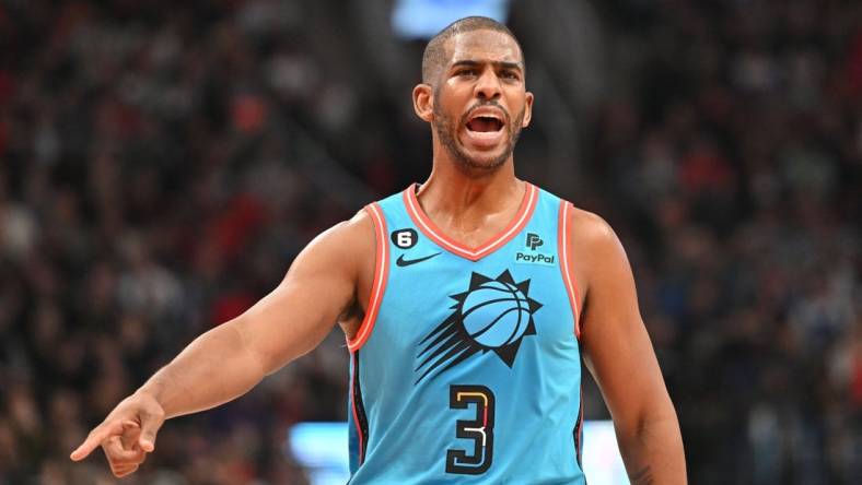 Dec 30, 2022; Toronto, Ontario, CAN; Phoenix Suns guard Chris Paul (3) reacts to an official s call against the Toronto Raptors in the first half at Scotiabank Arena. Mandatory Credit: Dan Hamilton-USA TODAY Sports