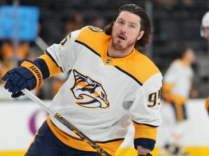 Dec 31, 2022; Las Vegas, Nevada, USA; Nashville Predators center Matt Duchene (95) warms up before a game against the Vegas Golden Knights at T-Mobile Arena. Mandatory Credit: Stephen R. Sylvanie-USA TODAY Sports