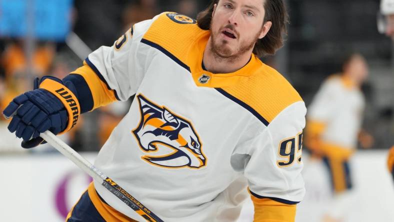 Dec 31, 2022; Las Vegas, Nevada, USA; Nashville Predators center Matt Duchene (95) warms up before a game against the Vegas Golden Knights at T-Mobile Arena. Mandatory Credit: Stephen R. Sylvanie-USA TODAY Sports