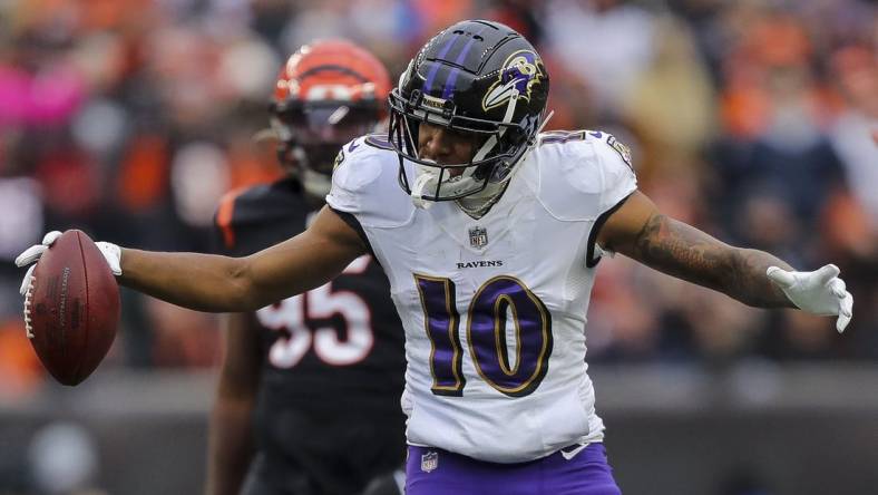 Jan 8, 2023; Cincinnati, Ohio, USA; Baltimore Ravens wide receiver Demarcus Robinson (10) reacts after advancing the ball in the second half against the Cincinnati Bengals at Paycor Stadium. Mandatory Credit: Katie Stratman-USA TODAY Sports