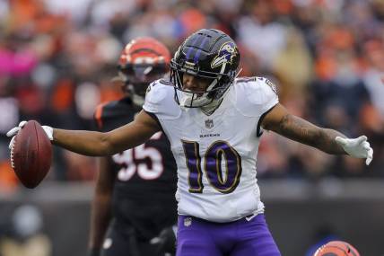 Jan 8, 2023; Cincinnati, Ohio, USA; Baltimore Ravens wide receiver Demarcus Robinson (10) reacts after advancing the ball in the second half against the Cincinnati Bengals at Paycor Stadium. Mandatory Credit: Katie Stratman-USA TODAY Sports