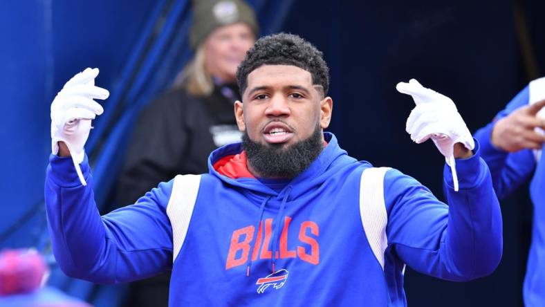 Jan 15, 2023; Orchard Park, NY, USA; Buffalo Bills defensive tackle Ed Oliver warms up before playing against the Miami Dolphins in a NFL wild card game at Highmark Stadium. Mandatory Credit: Mark Konezny-USA TODAY Sports