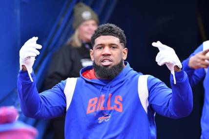 Jan 15, 2023; Orchard Park, NY, USA; Buffalo Bills defensive tackle Ed Oliver warms up before playing against the Miami Dolphins in a NFL wild card game at Highmark Stadium. Mandatory Credit: Mark Konezny-USA TODAY Sports