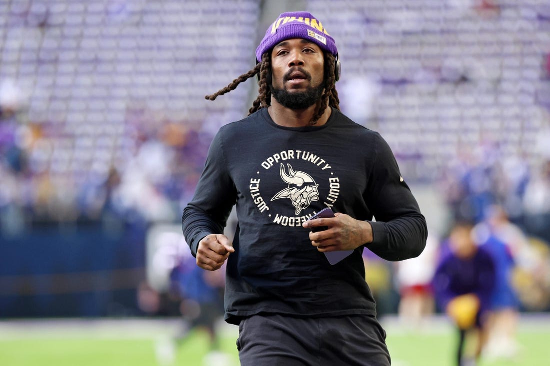 Jan 15, 2023; Minneapolis, Minnesota, USA; Minnesota Vikings running back Dalvin Cook (4) during warmups before a wild card game against the New York Giants at U.S. Bank Stadium. Mandatory Credit: Matt Krohn-USA TODAY Sports