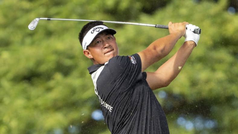 January 15, 2023; Honolulu, Hawaii, USA; Carl Yuan hits his tee shot on the second hole during the final round of the Sony Open in Hawaii golf tournament at Waialae Country Club. Mandatory Credit: Kyle Terada-USA TODAY Sports