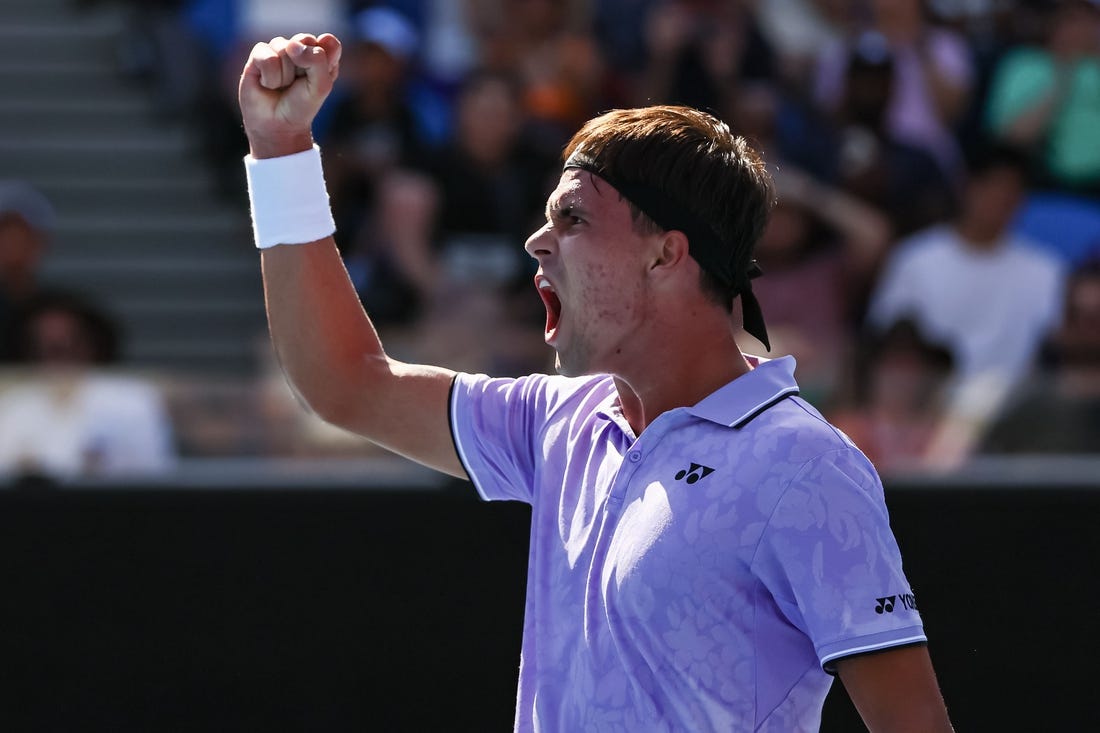 Jan 16, 2023; Melbourne, VICTORIA, Australia; Daniel Altmaier on day one of the 2023 Australian Open tennis tournament at Melbourne Park. Mandatory Credit: Mike Frey-USA TODAY Sports