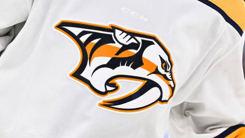 Jan 12, 2023; Montreal, Quebec, CAN; View of a Nashville Predators logo on a jersey worn by a member of the team during the third period at Bell Centre. Mandatory Credit: David Kirouac-USA TODAY Sports