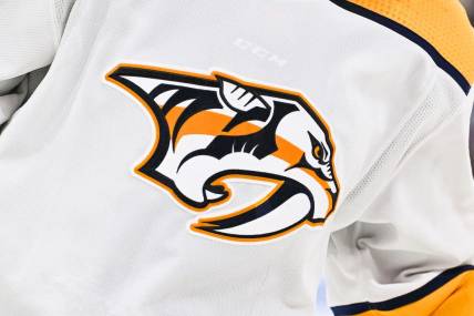 Jan 12, 2023; Montreal, Quebec, CAN; View of a Nashville Predators logo on a jersey worn by a member of the team during the third period at Bell Centre. Mandatory Credit: David Kirouac-USA TODAY Sports