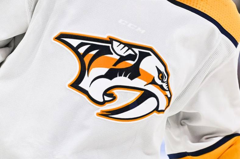 Jan 12, 2023; Montreal, Quebec, CAN; View of a Nashville Predators logo on a jersey worn by a member of the team during the third period at Bell Centre. Mandatory Credit: David Kirouac-USA TODAY Sports
