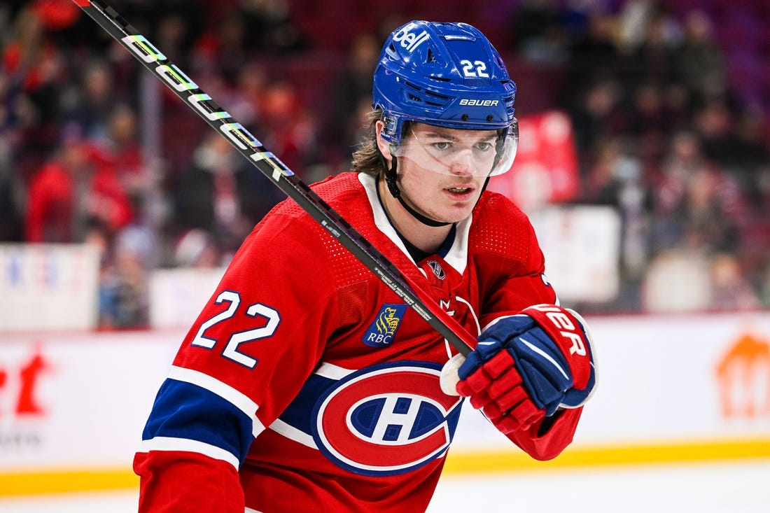 Jan 17, 2023; Montreal, Quebec, CAN; Montreal Canadiens right wing Cole Caufield (22) during warm-up before the game against the Winnipeg Jets at Bell Centre. Mandatory Credit: David Kirouac-USA TODAY Sports