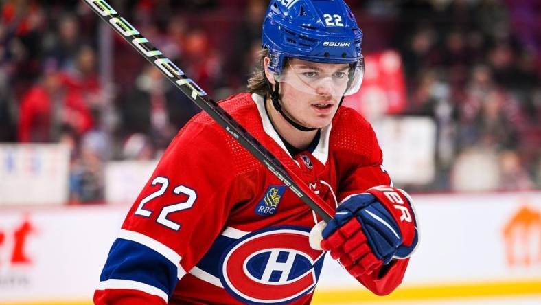 Jan 17, 2023; Montreal, Quebec, CAN; Montreal Canadiens right wing Cole Caufield (22) during warm-up before the game against the Winnipeg Jets at Bell Centre. Mandatory Credit: David Kirouac-USA TODAY Sports