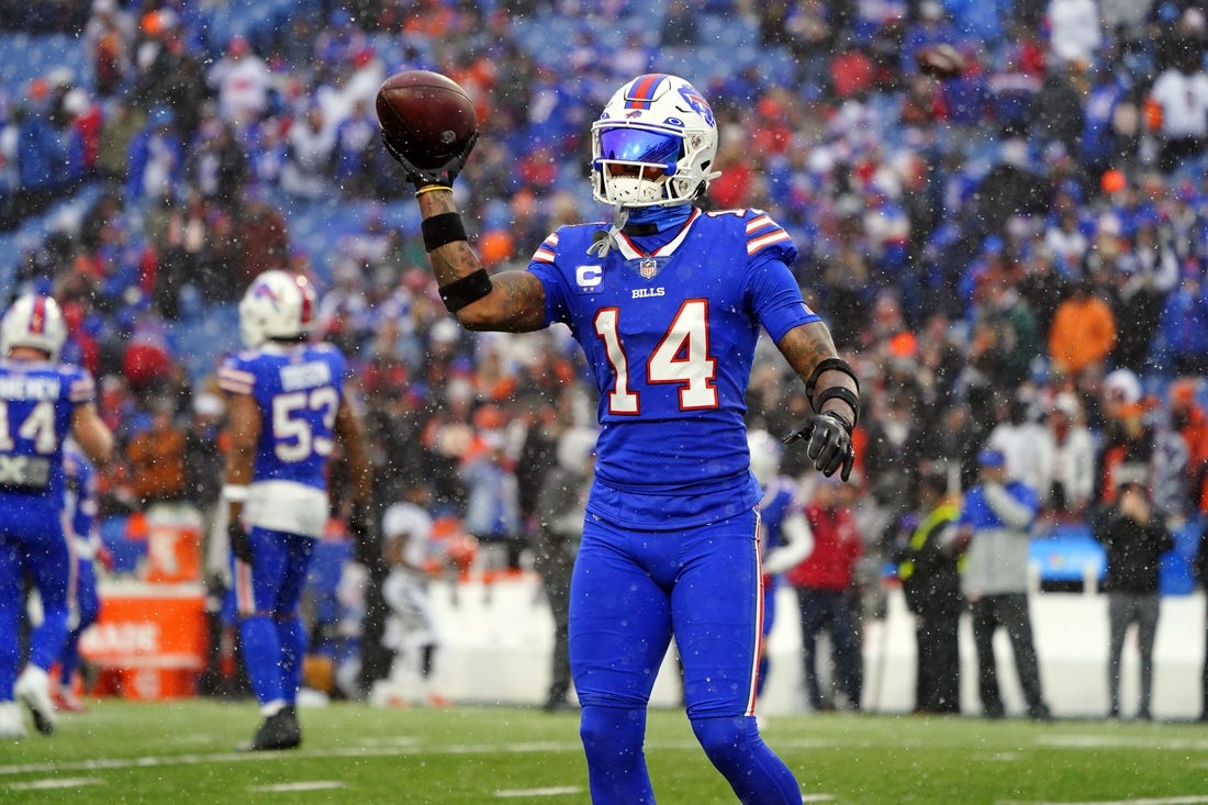 Jan 22, 2023; Orchard Park, New York, USA; Buffalo Bills wide receiver Stefon Diggs (14) during warmups before an AFC divisional round game between the Buffalo Bills and the Cincinnati Bengals at Highmark Stadium. Mandatory Credit: Gregory Fisher-USA TODAY Sports