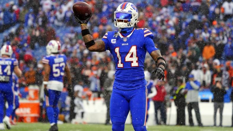 Jan 22, 2023; Orchard Park, New York, USA; Buffalo Bills wide receiver Stefon Diggs (14) during warmups before an AFC divisional round game between the Buffalo Bills and the Cincinnati Bengals at Highmark Stadium. Mandatory Credit: Gregory Fisher-USA TODAY Sports