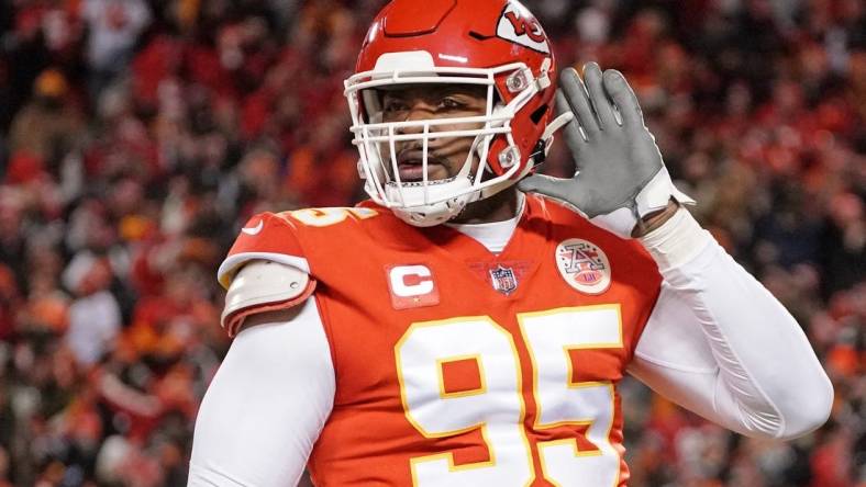 Jan 29, 2023; Kansas City, Missouri, USA; Kansas City Chiefs defensive tackle Chris Jones (95) celebrates after a sack against the Cincinnati Bengals during the first quarter of the AFC Championship game at GEHA Field at Arrowhead Stadium. Mandatory Credit: Denny Medley-USA TODAY Sports