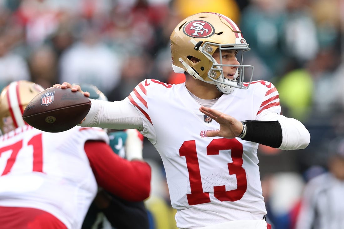 Jan 29, 2023; Philadelphia, Pennsylvania, USA; San Francisco 49ers quarterback Brock Purdy (13) throws a pass against the Philadelphia Eagles during the first quarter in the NFC Championship game at Lincoln Financial Field. Mandatory Credit: Bill Streicher-USA TODAY Sports