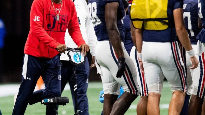 Deion Sanders coaches during the 2021 Celebration Bowl. Sanders required a scooter following blood clot issues that ultimately led to the amputation of some toes.

Syndication The Clarion Ledger