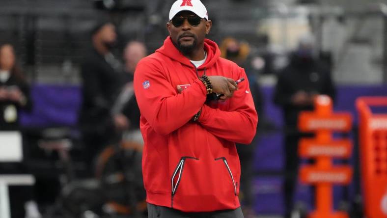 Feb 4, 2023; Paradise, NV, USA; AFC defensive coordinator Ray Lewis reacts during Pro Bowl Games practice at Allegiant Stadium. Mandatory Credit: Kirby Lee-USA TODAY Sports