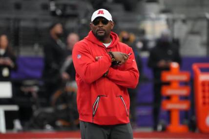 Feb 4, 2023; Paradise, NV, USA; AFC defensive coordinator Ray Lewis reacts during Pro Bowl Games practice at Allegiant Stadium. Mandatory Credit: Kirby Lee-USA TODAY Sports