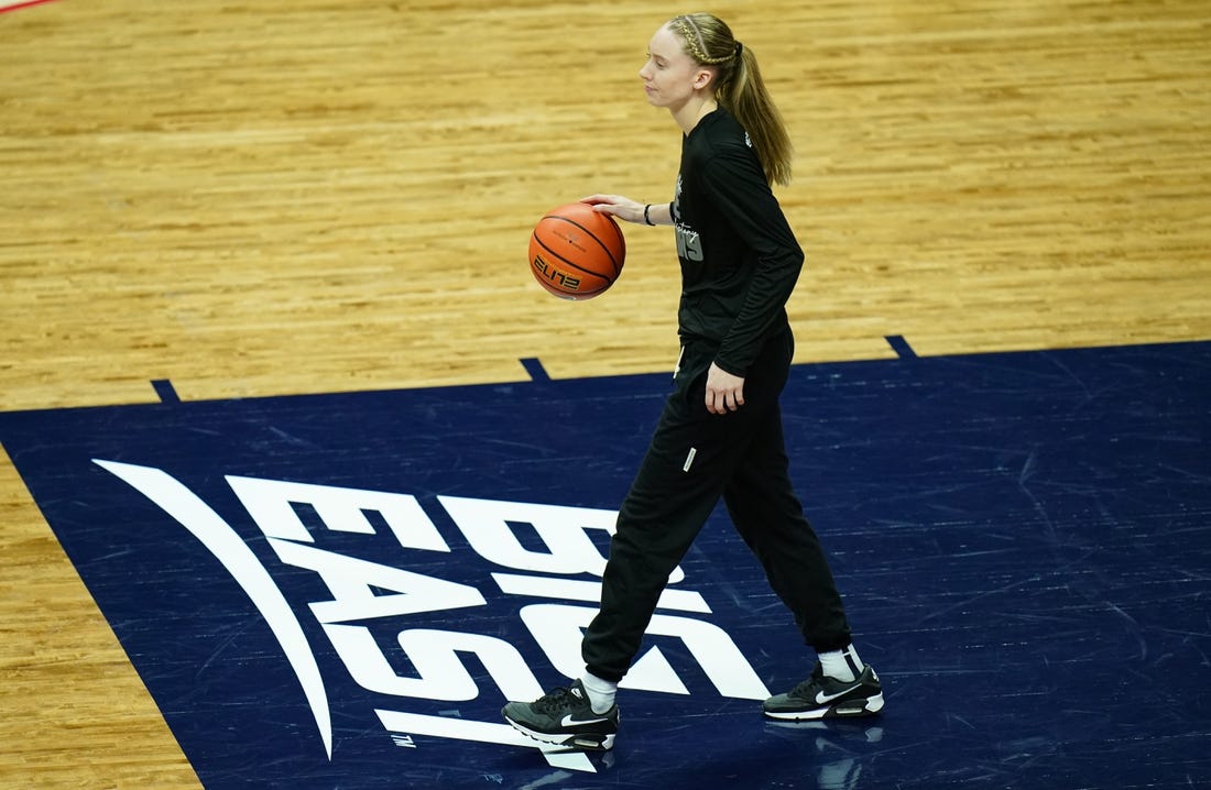 Feb 15, 2023; Storrs, Connecticut, USA; UConn Huskies guard Paige Bueckers (5) on the court as her team warms up before the start of the game the Creighton Bluejays at Harry A. Gampel Pavilion. Mandatory Credit: David Butler II-USA TODAY Sports