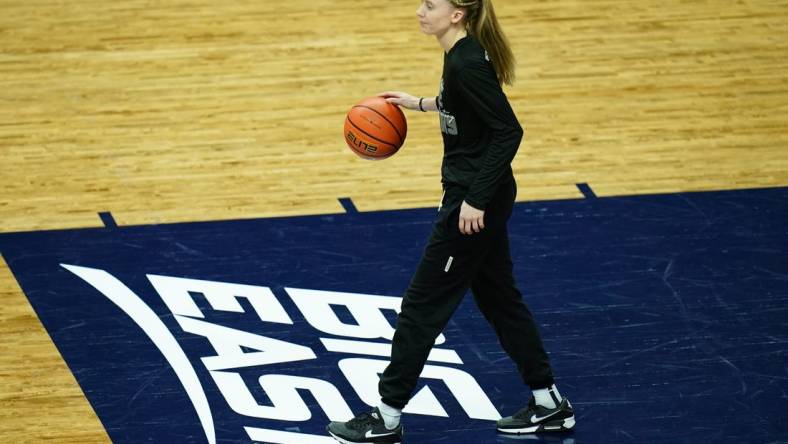 Feb 15, 2023; Storrs, Connecticut, USA; UConn Huskies guard Paige Bueckers (5) on the court as her team warms up before the start of the game the Creighton Bluejays at Harry A. Gampel Pavilion. Mandatory Credit: David Butler II-USA TODAY Sports