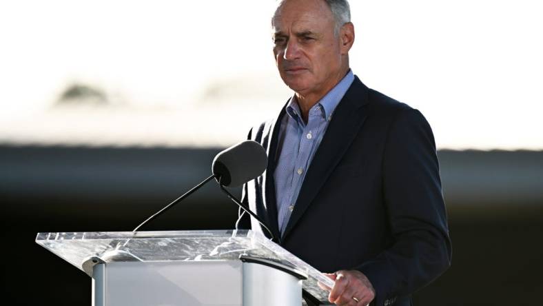 Feb 16, 2023; Dunedin, FL, USA; Major League Baseball commissioner Rob Manfred speaks to the media at the Grapefruit League Media Day. Mandatory Credit: Jonathan Dyer-USA TODAY Sports