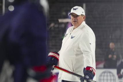 Peter Laviolette, pictured in a February practice overseeing Washington Capitals practice at Carter-Finley Stadium, is the new coach of the Rangers. Mandatory Credit: James Guillory-USA TODAY Sports