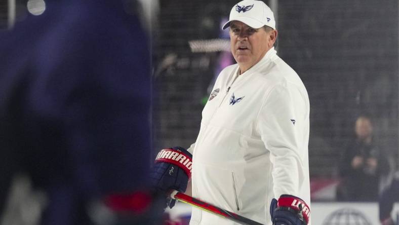 Peter Laviolette, pictured in a February practice overseeing Washington Capitals practice at Carter-Finley Stadium, is the new coach of the Rangers. Mandatory Credit: James Guillory-USA TODAY Sports