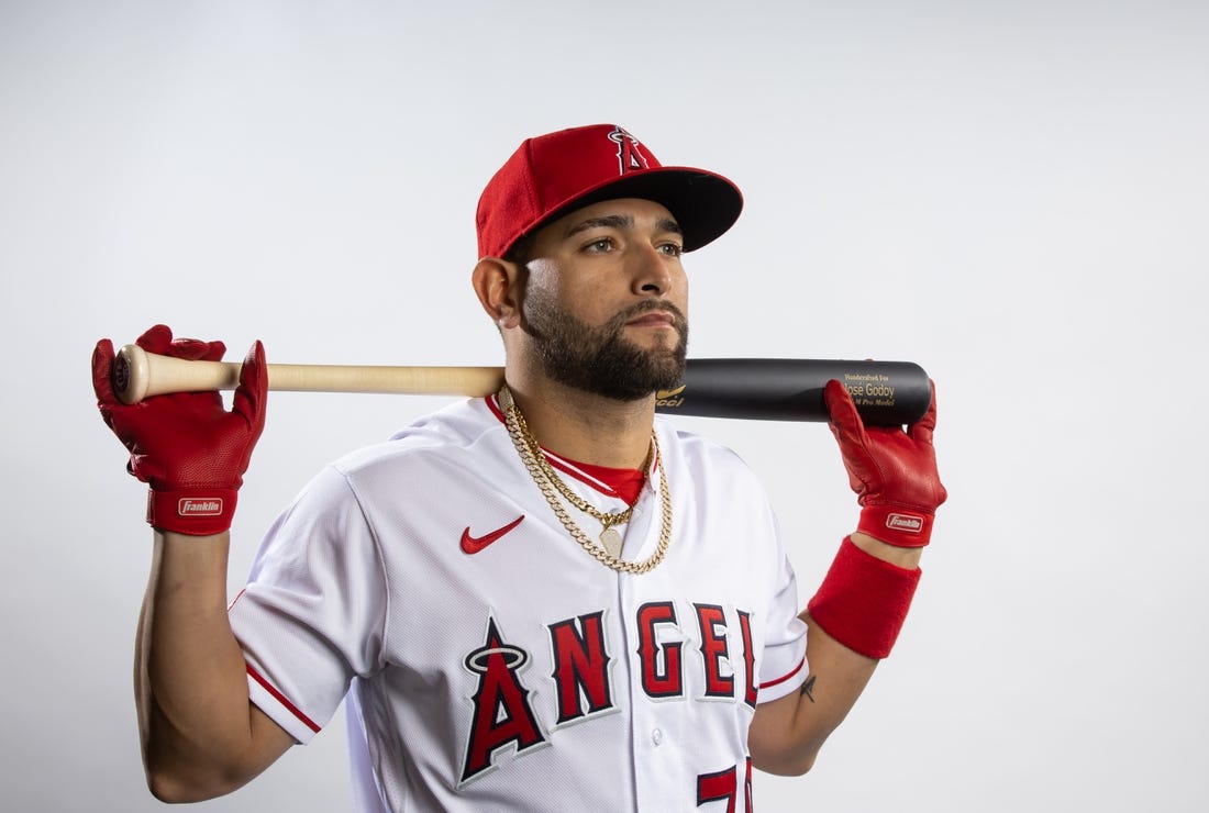 Feb 21, 2023; Tempe, AZ, USA; Los Angeles Angels catcher Jose Godoy poses for a portrait during photo day at the teams practice facility. Mandatory Credit: Mark J. Rebilas-USA TODAY Sports