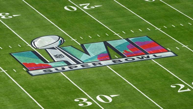 Feb 12, 2023; Glendale, Arizona, USA; The Super Bowl LVII logo on the field during Super Bowl 57 at State Farm Stadium. The Chiefs defeated the Eagles 38-35. Mandatory Credit: Kirby Lee-USA TODAY Sports