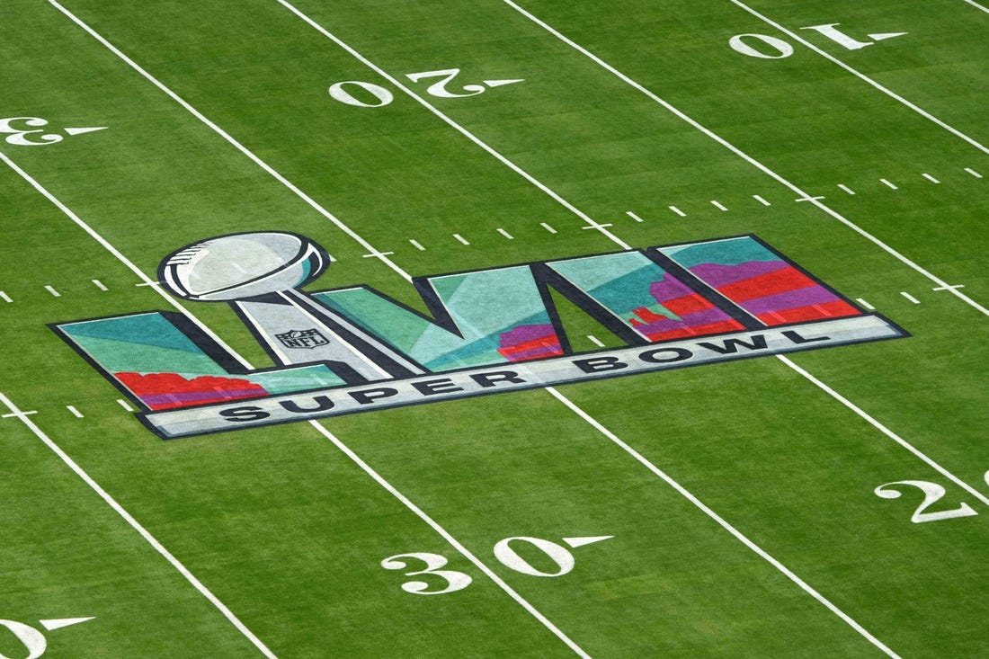 Feb 12, 2023; Glendale, Arizona, USA; The Super Bowl LVII logo on the field during Super Bowl 57 at State Farm Stadium. The Chiefs defeated the Eagles 38-35. Mandatory Credit: Kirby Lee-USA TODAY Sports