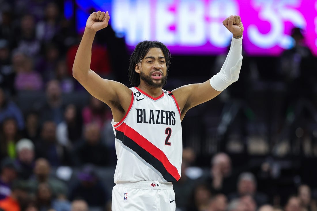 Feb 23, 2023; Sacramento, California, USA; Portland Trail Blazers forward Trendon Watford (2) reacts during the second quarter against the Sacramento Kings at Golden 1 Center. Mandatory Credit: Sergio Estrada-USA TODAY Sports