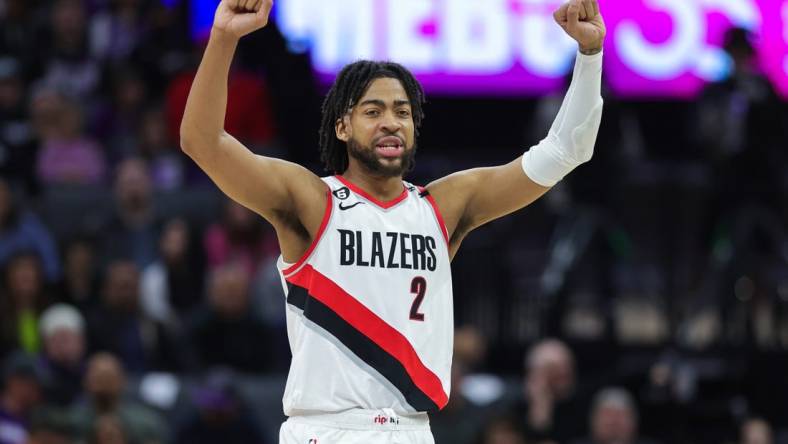 Feb 23, 2023; Sacramento, California, USA; Portland Trail Blazers forward Trendon Watford (2) reacts during the second quarter against the Sacramento Kings at Golden 1 Center. Mandatory Credit: Sergio Estrada-USA TODAY Sports