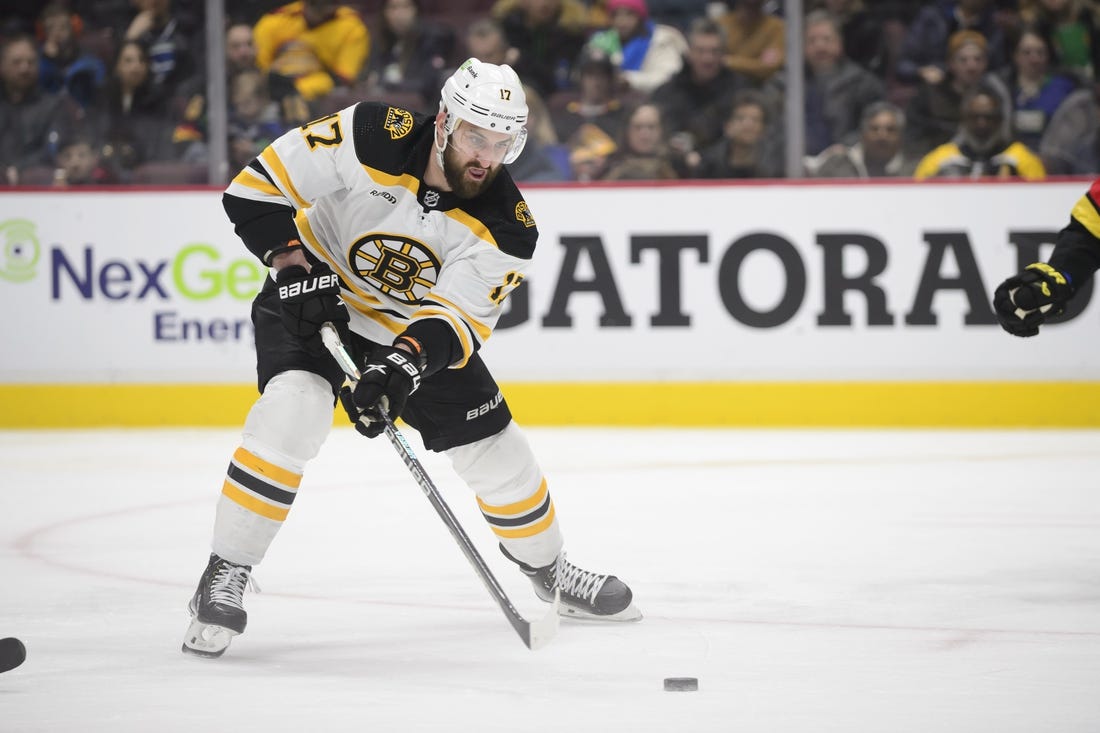 Feb 25, 2023; Vancouver, British Columbia, CAN;  Boston Bruins forward Nick Foligno (17) skates with the puck the Vancouver Canucks during the second period at Rogers Arena. Mandatory Credit: Anne-Marie Sorvin-USA TODAY Sports