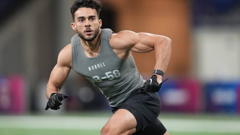 Mar 3, 2023; Indianapolis, IN, USA; California defensive back Daniel Scott (DB58) participates in drills at Lucas Oil Stadium. Mandatory Credit: Kirby Lee-USA TODAY Sports