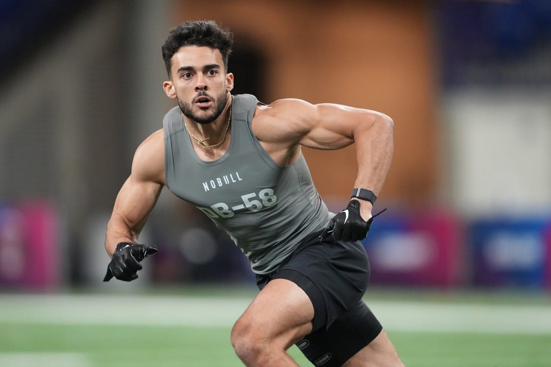 Mar 3, 2023; Indianapolis, IN, USA; California defensive back Daniel Scott (DB58) participates in drills at Lucas Oil Stadium. Mandatory Credit: Kirby Lee-USA TODAY Sports