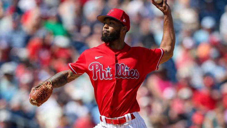 Mar 7, 2023; Clearwater, Florida, USA;  Philadelphia Phillies relief pitcher Cristopher Sanchez (61) throws a pitch against the Tampa Bay Rays in the fourth inning during spring training at BayCare Ballpark. Mandatory Credit: Nathan Ray Seebeck-USA TODAY Sports