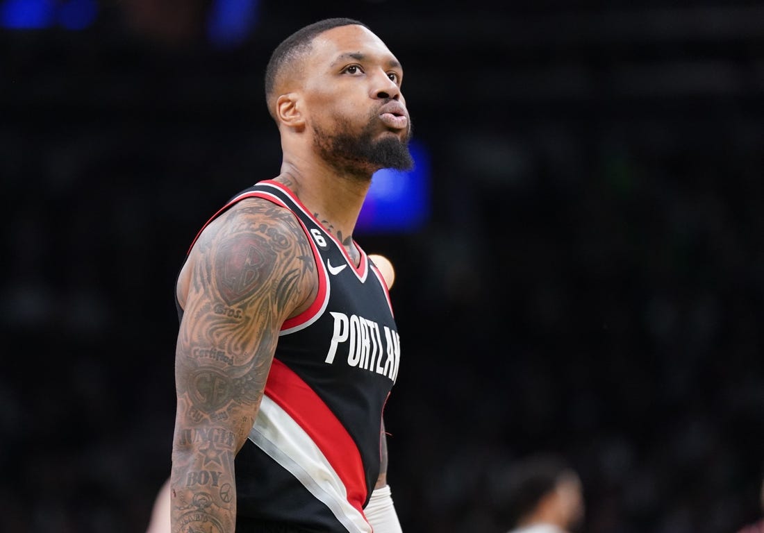 Mar 8, 2023; Boston, Massachusetts, USA; Portland Trail Blazers guard Damian Lillard (0) reacts during a break in the action against the Boston Celtics in the second quarter at TD Garden. Mandatory Credit: David Butler II-USA TODAY Sports